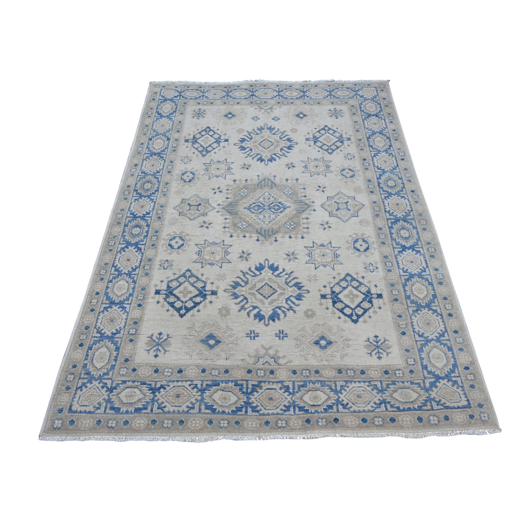 4'10"x6'7" Alabaster White, Vintage Look Kazak with Geometric Floral Elements, 100% Wool, Hand Knotted, Natural Dyes, Oriental Rug 